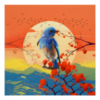 Moderne Japanse Natuur Vogel In Bloesem Landschap 
