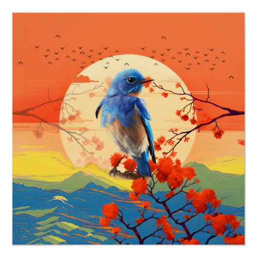 Moderne japanse Natuur vogel in bloesemlandschap Perfect Poster (Voorkant)