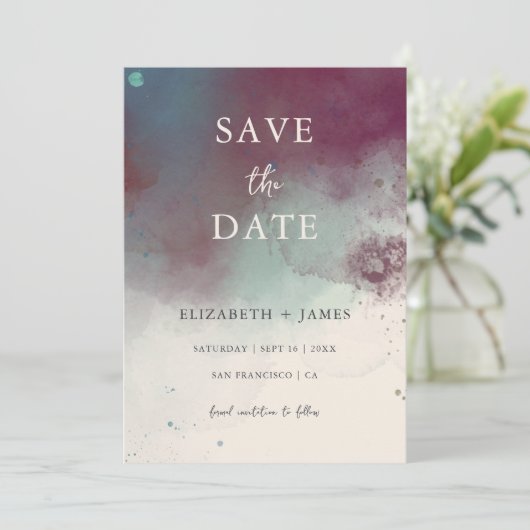 Moderne Jewel Tones Boho Bruiloft Save The Date Kaart (Staand voorkant)