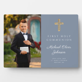 Moderne jongen Eerste Heilige Communie Blauwe Foto Fotoplaat