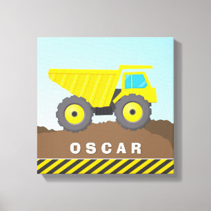 MODERNE jongen helder geel dump truck constructie Canvas Afdruk