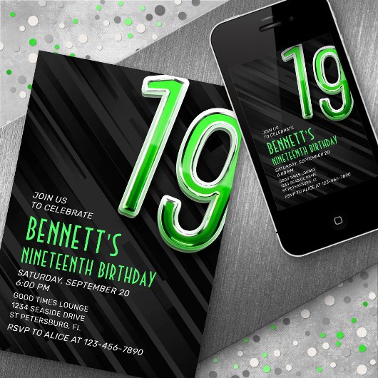 Moderne jongens' 19e verjaardag uitnodiging