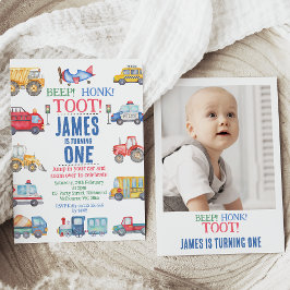 Moderne Jongens Foto Vervoer 1e Verjaardag Kaart