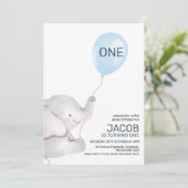 Moderne jongens olifant blauwe ballon 1e verjaarda kaart (Staand voorkant)