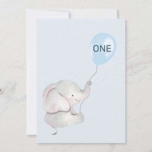 Moderne jongens olifant blauwe ballon 1e verjaarda kaart (Achterkant)