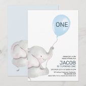 Moderne jongens olifant blauwe ballon 1e verjaarda kaart (Voorkant / Achterkant)