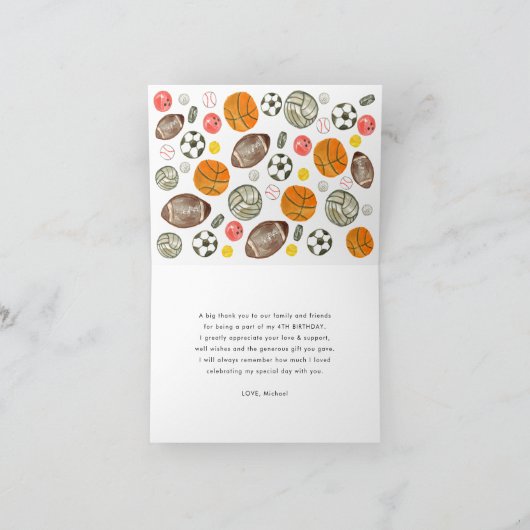 Moderne jongens sportballen all star kids verjaard bedankkaart (Binnen)