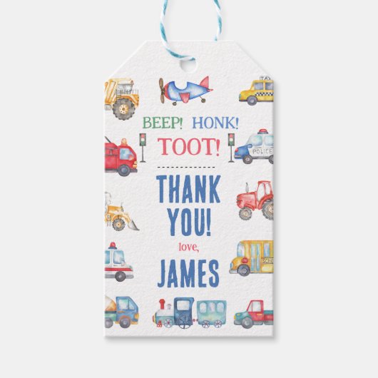 Moderne Jongens Vervoer 1e Verjaardag Dank u Cadeaulabel (Voorkant)