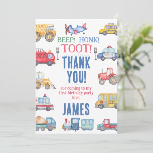 Moderne Jongens Vervoer 1e Verjaardag Dank u Kaart (Staand voorkant)