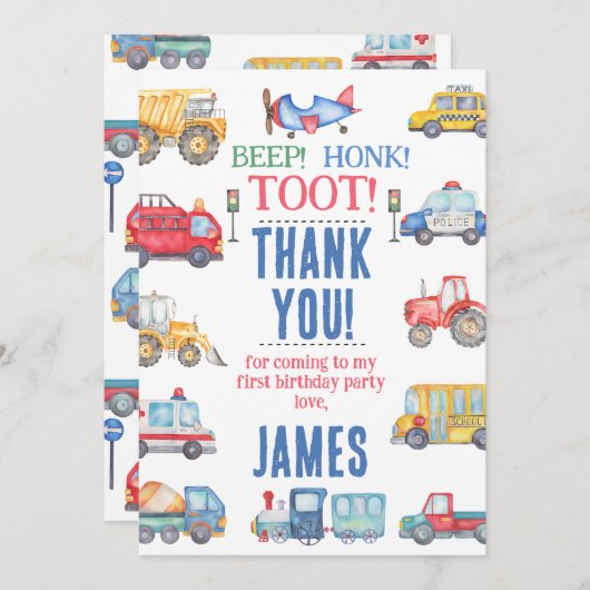Moderne Jongens Vervoer 1e Verjaardag Dank u Kaart (Voorkant / Achterkant)