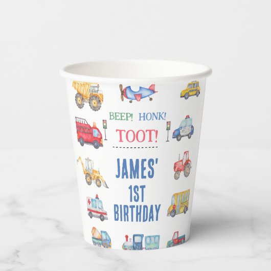 Moderne Jongens Vervoer 1e Verjaardag Document Bek Papieren Bekers (Achterkant)