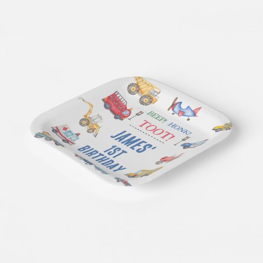 Moderne jongens vervoer 1e verjaardag papieren bordje (Gebogen)