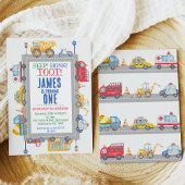 Moderne jongens wegvervoer 1e verjaardag uitnodigi kaart