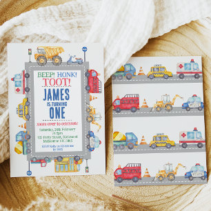 Moderne jongens wegvervoer 1e verjaardag uitnodigi kaart