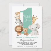 Moderne Jongens Wild Een Safari Dieren 1e Verjaard Kaart (Voorkant)