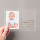 Moderne Jongensfoto Gouden Kalligrafie Doop Acryl Uitnodigingen (Insitu (Draagbaar))