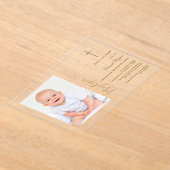 Moderne Jongensfoto Gouden Kalligrafie Doop Acryl Uitnodigingen (Laagn)