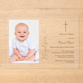 Moderne Jongensfoto Gouden Kalligrafie Doop Acryl Uitnodigingen (Voorkant)