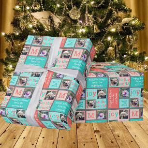 Moderne JOY Coral Turquoise Retro 3 fotocollage Cadeaupapier