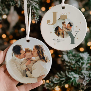 Moderne JOY-familiefoto's Kerstvakantie Keramisch Ornament