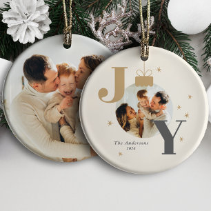 Moderne JOY-familiefoto's Kerstvakantie Keramisch Ornament