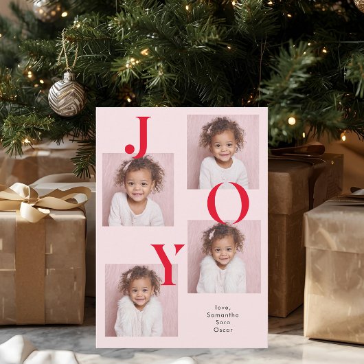 Moderne JOY Foto Kerst Kaart | Rood en roze