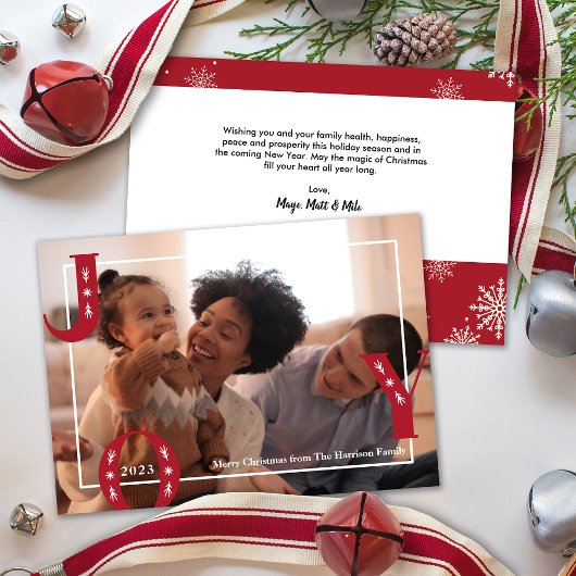 Moderne JOY Kerstmis Familie Foto Feestdagenkaart