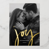 Moderne Joy Script Rood en Goud Foto Folie Feestdagenkaart (Voorkant)