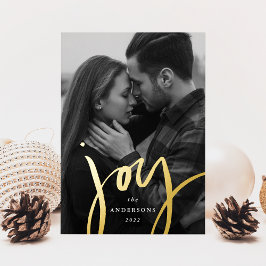 Moderne Joy Script Rood en Goud Foto Folie Feestdagenkaart