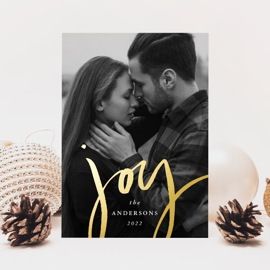 Moderne Joy Script Rood en Goud Foto Folie Feestdagenkaart