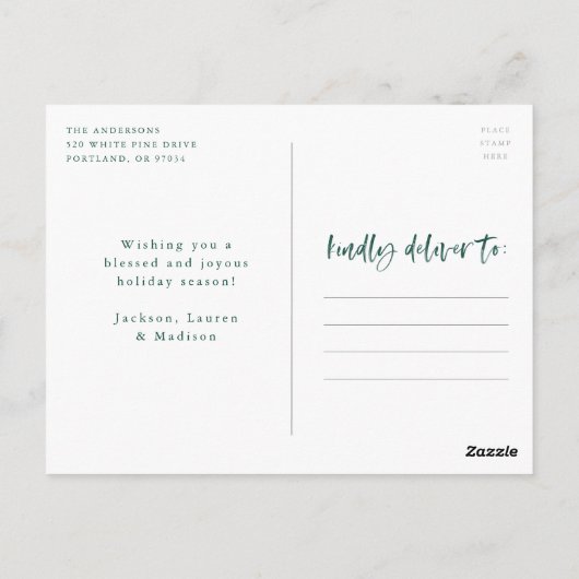 Moderne Joyful Script Groene Vakantie Foto Briefkaart (Achterkant)