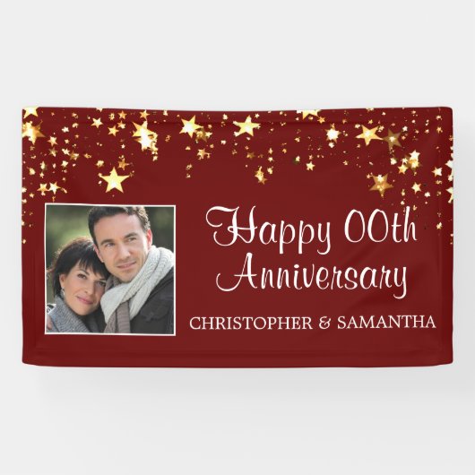 Moderne Jubileum Ruby Red Gold Stars Foto Spandoek (Horizontaal)