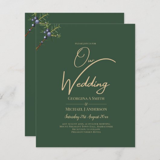 Moderne JUNIPER Groen Gouden Trouw Uitnodiging (Voorkant / Achterkant)