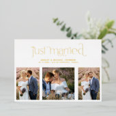 Moderne Just Married 4 Foto Ontvangst Goud Folie Uitnodiging (Staand Voorkant)