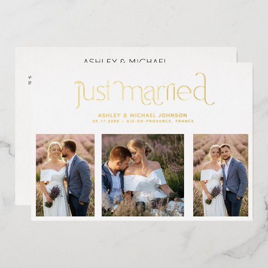 Moderne Just Married 4 Foto Ontvangst Goud Folie Uitnodiging (Voorkant / Achterkant)