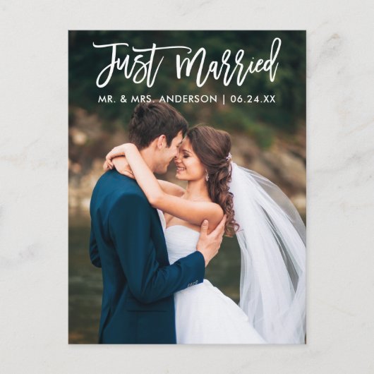 Moderne 'Just Married' Borstel Schrift Huwelijksfo Briefkaart (Voorkant)