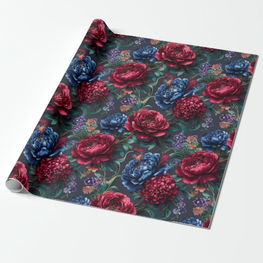 Moderne juweeltonige bloempatroon cadeaupapier (Uitgerold)