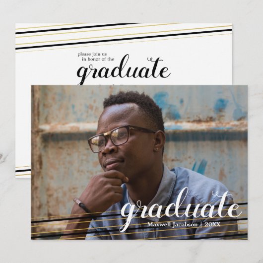 Moderne kaarten met zwarte & Gold Striped Afstuder (Voorkant / Achterkant)