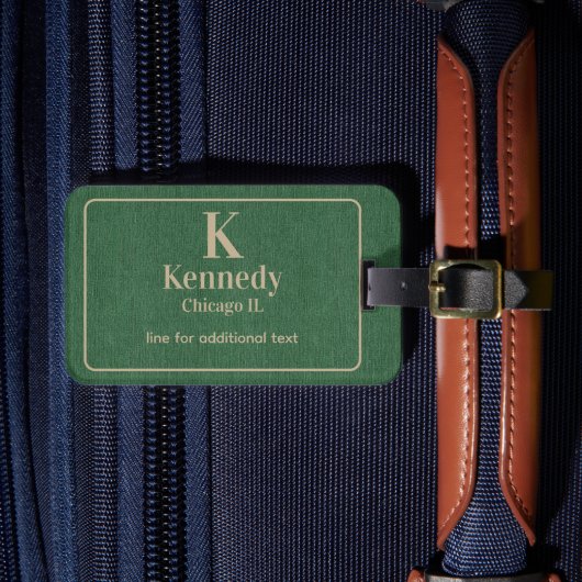 Moderne kaki-lettering op groene denimprint bagagelabel (Voorkant Insitu 4)