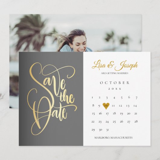 Moderne Kalender Goud Hart Liefde Foto Save The Date (Voorkant / Achterkant)