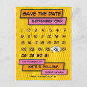Moderne kalender leuke stripboek save the date aankondigingskaart (Voorkant)
