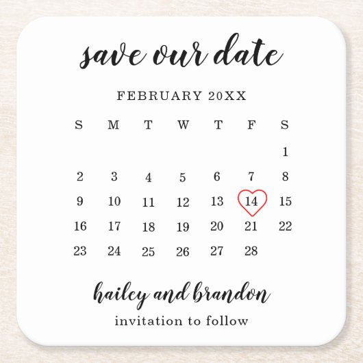 Moderne Kalender Rode Hart Trouw Save the Date Kartonnen Onderzetters (Voorkant)