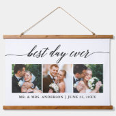 Moderne kalligrafie 3 foto beste dag ooit bruiloft hangend wandkleed (Voorkant)