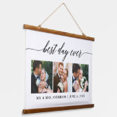 Moderne kalligrafie 3 foto beste dag ooit bruiloft hangend wandkleed (Gebogen)