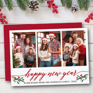 Moderne kalligrafie 3 Foto Gelukkig Nieuwjaar Rood Feestdagenkaart