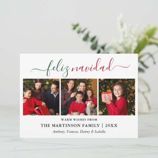 Moderne kalligrafie 3 Foto Groen Rood Feliz Navida Feestdagenkaart (Staand voorkant)