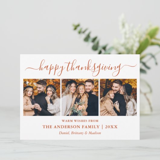 Moderne kalligrafie 3 Foto Thanksgiving Terracotta Feestdagenkaart (Staand voorkant)