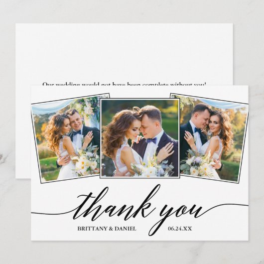 Moderne kalligrafie 3 Fotobruiloft Bedankkaart (Voorkant / Achterkant)