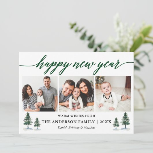 Moderne kalligrafie 3 Foto's Gelukkig Nieuwjaar Feestdagenkaart (Staand voorkant)