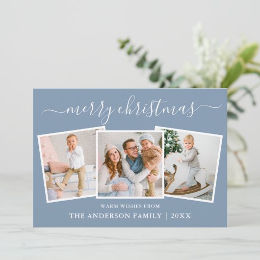 Moderne kalligrafie 3 Kerstblauw Feestdagenkaart (Staand voorkant)